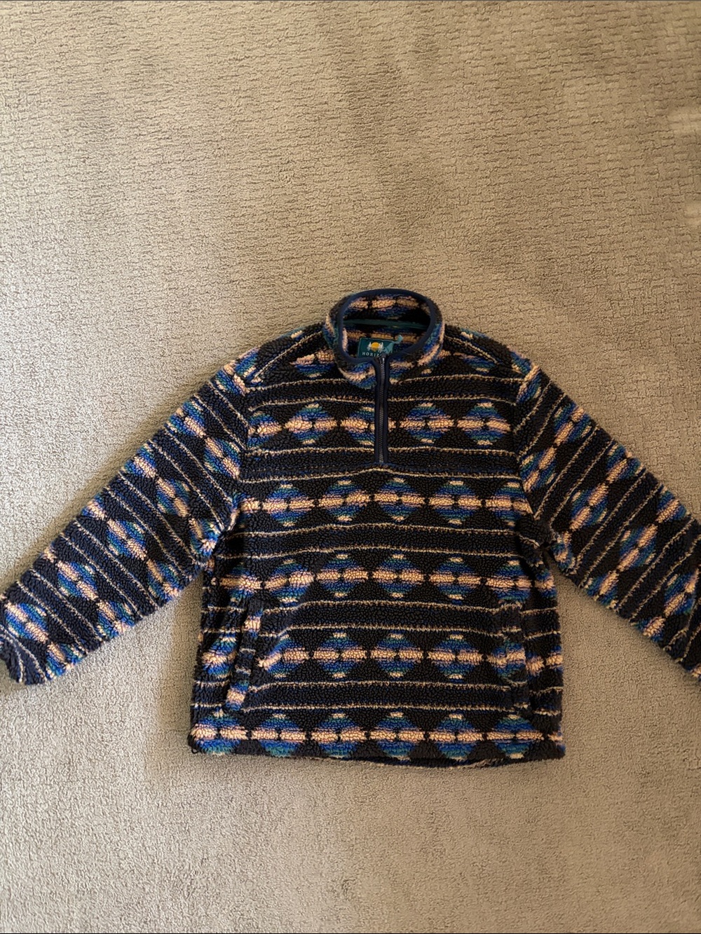 Men's Half-Zip Sherpa Pullover - Black with Blue & Tan Pattern